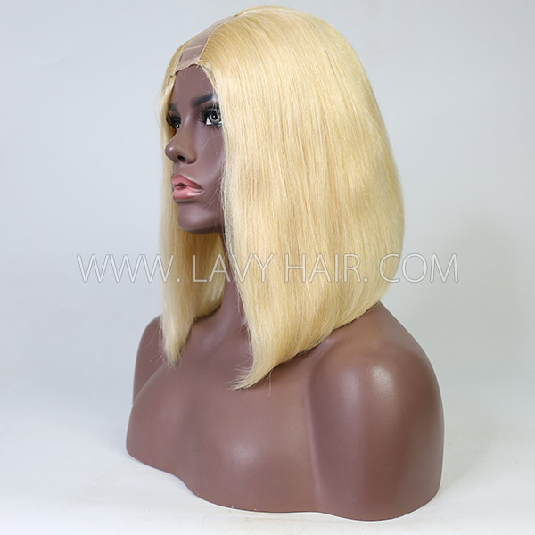 613 Blonde Color 130% & 300% Density U-part Blunt Cut Bob Wigs Straight Human Hair（leave message if need left /right side u part）