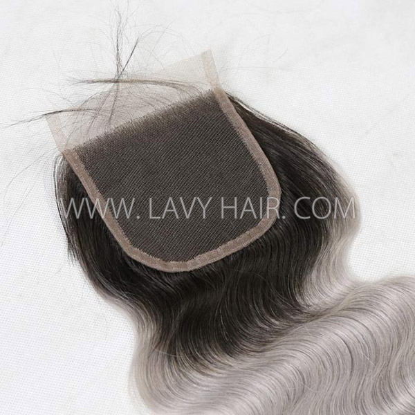 Lace top closure 4*4" body wave #1B/grey Human hair medium brown Swiss lace