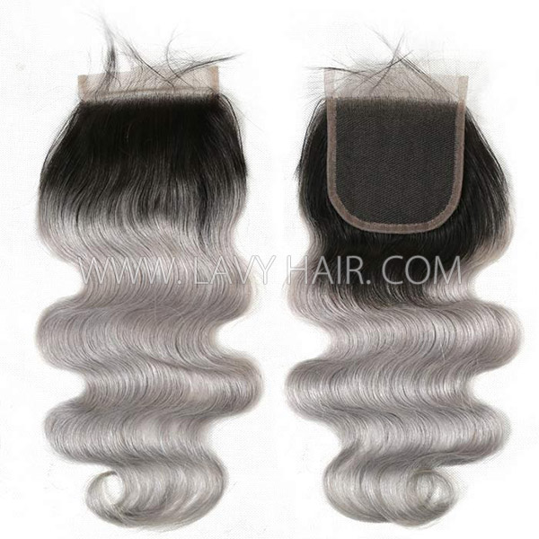 Lace top closure 4*4" body wave #1B/grey Human hair medium brown Swiss lace