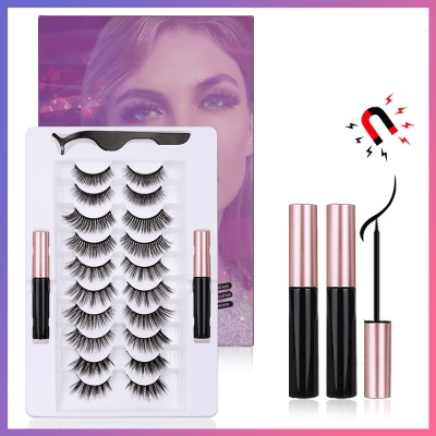 10 Pairs A Set 3D False Magnetic Eyelashes With Eyeliners&Tweezer