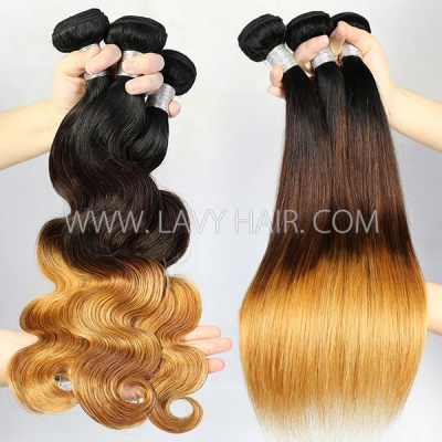 Three Tone 1B/4/27 Ombre Color 1 bundle Straight/Bodywave Hair Extensions Brazilian Peruvian Malaysian Indian European Cambodian Burmese Mongolian