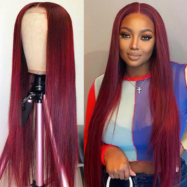 (All Texture Link) Burgundy 99J Color Straight Human Hair 150% Density Lace Frontal Wigs Transparent Lace Wear Go Glueless Wig