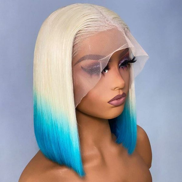 Blonde Blue Ombre Color 150% Density Human Virgin Straight Hair Bob Wig 613bob-81