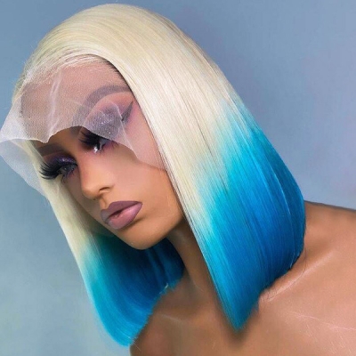 Blonde Blue Ombre Color 150% Density Human Virgin Straight Hair Bob Wig 613bob-81