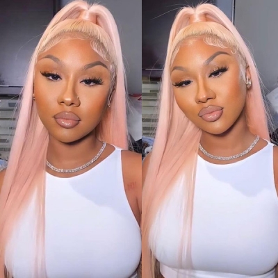 (All Texture Link) Peach Pink Color 130% Density Full Lace Wigs Straight Hair Human Hair