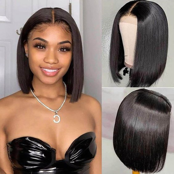 Buy One Get One Free 150% Density Blunt Cut Lace Frontal Bob Wig Preplucked Hairline 100% Human Hair