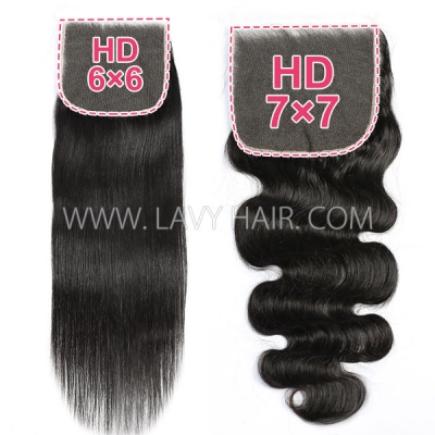 （New）Superior Grade HD Lace 6*6 and 7*7" Closure Preplucked Invisible Melted Lace Human Hair Straight/Curly/Wavy