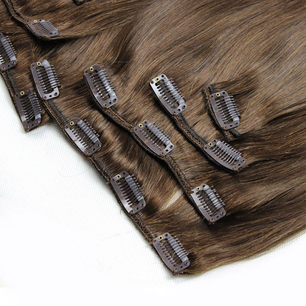#4 Brown Color PU Clip in & Weft Classic Clip in Extensions Human Virgin Hair 8 pcs 120 grams
