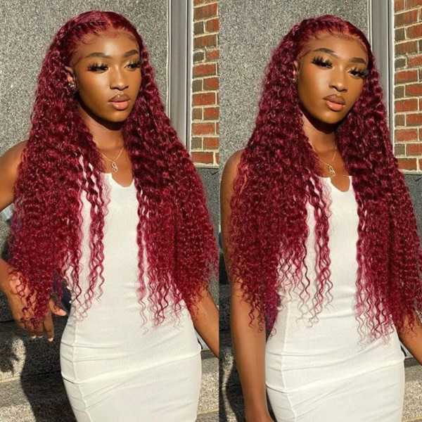 (All Texture Link) Burgundy #99J Color 13*4 Full Frontal Wig 100% Human Virgin Hair Preplucked Pre Bleached Transparent Lace 180% Density Wear Go