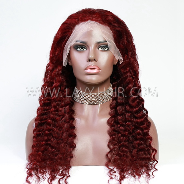 (All Texture Link) Burgundy #99J Color 13*4 Full Frontal Wig 100% Human Virgin Hair Preplucked Pre Bleached Transparent Lace 180% Density Wear Go