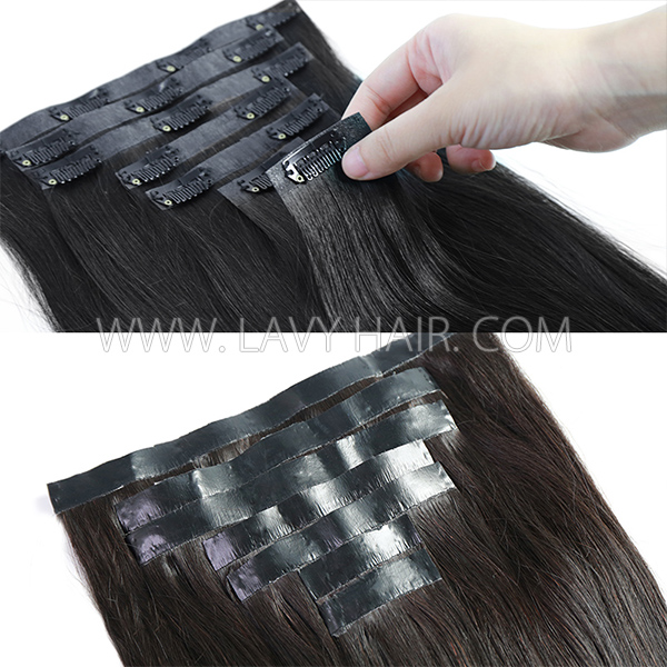 PU Clip in Hair Extension 1 Set With Clip in Lace Closure Deal Human Virgin Hair Seamless Invisible