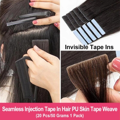 PU Tape In Hair Extensions Skin Weft （20 pcs 50 grams 1 Pack ）With Free Replaceable Tape Glue Seamless Adhesives Tape Human Virgin Hair