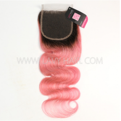 #1B/Pink Color Lace top closure 4*4" Straight and Body Wave  Human hair medium brown Swiss lace