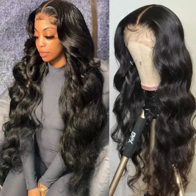 （#1 Jet Black Color 3 Bundles Thickness)Glueless Wear go Human Virgin Hair Preplucked Single Knot Natural Lace Wig Customize 5-7 Days