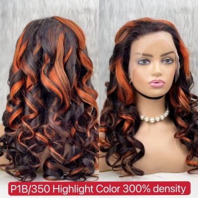(All Texture Link) P1B/350 Highlight Color Loose wave Human Hair 300% Density Lace Frontal Wigs