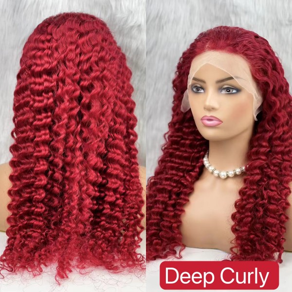 Red Color Deep Wave and Body Wave Human Hair 180% Density Lace Frontal Wigs