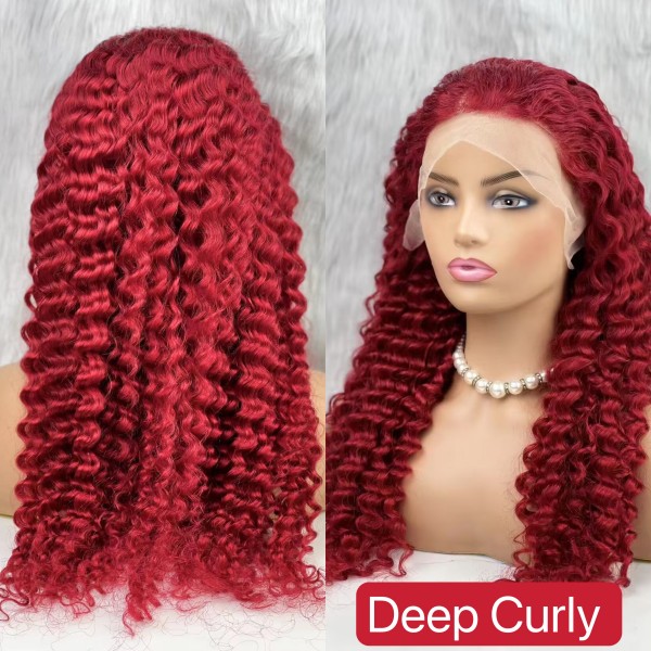 (All Texture Link) Red Color Deep Wave and Body Wave Human Hair 180% Density Lace Frontal Wigs Wear Go