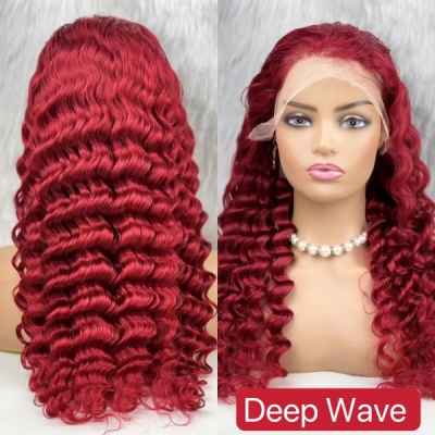 (All Texture Link) Red Color Deep Wave and Body Wave Human Hair 180% Density Lace Frontal Wigs Wear Go