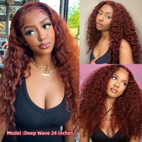 (All Texture Link) Glueless Wear Go #33B Reddish Brown Color 13*4 Full Lace Frontal Wigs Pre Bleached Human Hair 180% Density Transparent Lace