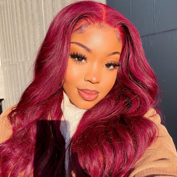 (All Texture Link) Burgundy 99J Color Straight Human Hair 150% Density Lace Frontal Wigs Transparent Lace Wear Go Glueless Wig