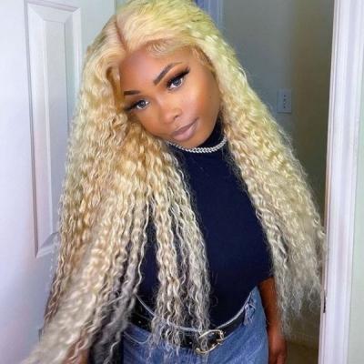 150% Density Transparent Lace 613 Blonde Color Deep Wave Human Hair Lace Frontal Wigs