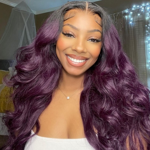 (All Texture Link) 1B/Purple Color Preplucked Lace Front Wigs Human Virgin Hair Wig 180% Density Wear Go