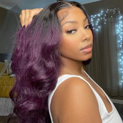 (All Texture Link) 1B/Purple Color Preplucked Lace Front Wigs Human Virgin Hair Wig 180% Density Wear Go