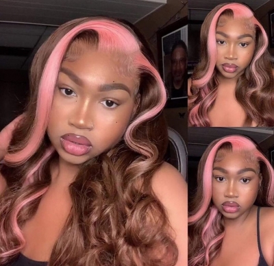 #4 Brown Color with Pink Hair Stripe Preplucked 180% Density Lace Front Wigs Human Virgin Hair Wig