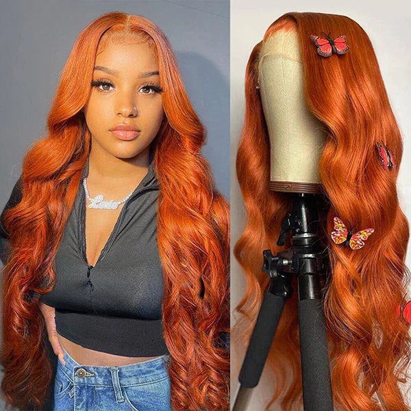 (All Texture Link) #350 Ginger Color 180% & 250% Density 13*4 Full Front Wigs Human Virgin Hair Preplucked Wig Glueless Wear Go