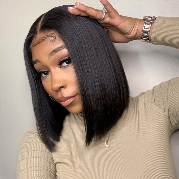 Buy One Get One Free 150% Density Blunt Cut Lace Frontal Bob Wig Preplucked Hairline 100% Human Hair