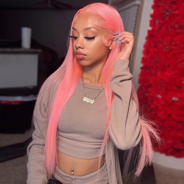 Pink Color 150% Density  Lace Frontal Wigs Straight Hair Human Hair