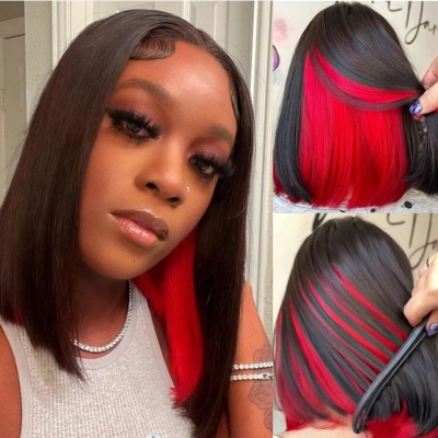 Peekaboo Color 180% Density Hidden Color Highlight Color Lace Frontal Bob Wig Straight Hair