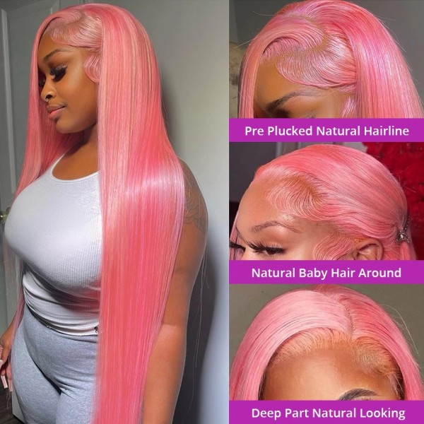 Pink Color 150% Density  Lace Frontal Wigs Straight Hair Human Hair