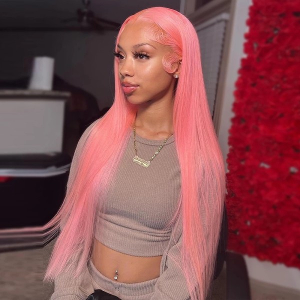 Pink Color 150% Density  Lace Frontal Wigs Straight Hair Human Hair