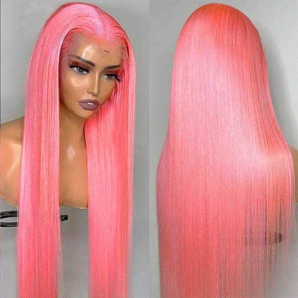 Pink Color 150% Density  Lace Frontal Wigs Straight Hair Human Hair