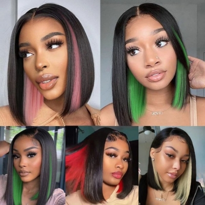 Peekaboo Color 180% Density Hidden Color Highlight Color Lace Frontal Bob Wig Straight Hair