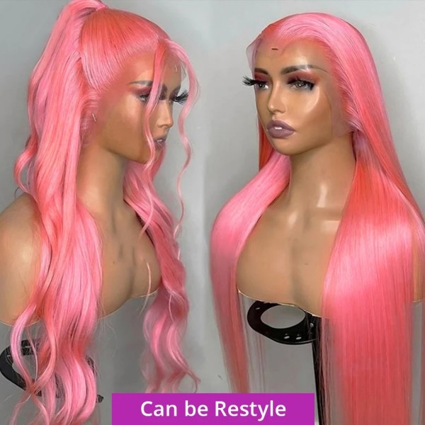 Pink Color 150% Density  Lace Frontal Wigs Straight Hair Human Hair