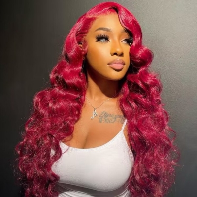 Red Color Deep Wave and Body Wave Human Hair 180% Density Lace Frontal Wigs