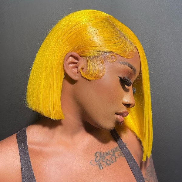 Yellow Color Human Hair Short Bob Wig 150% Density