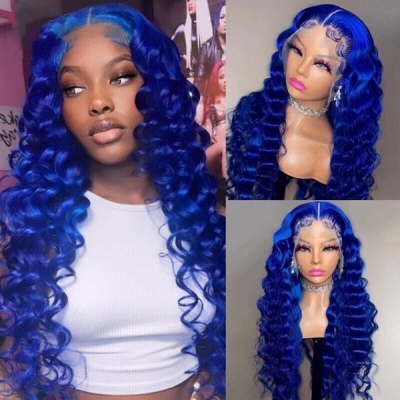 (All Texture Link) 130% Density Blue Color Preplucked Transparent Lace Frontal Wigs Wear Go