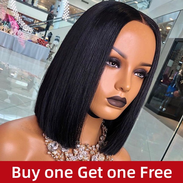 Buy One Get One Free 150% Density Blunt Cut Lace Frontal Bob Wig Preplucked Hairline 100% Human Hair