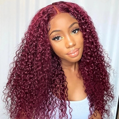 Burgundy 99J Color 180% Density 100% Human Virgin Hair Preplucked Lace Frontal Wigs Straight/Wavy/Curly