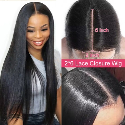 (New ) 2*6 Closure Wig Middle Part Natural Hairline 100% Human Hair Kinky Straight With Elastic Band