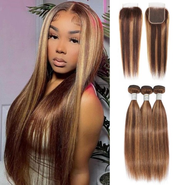 Highlight P4/27 Color Bundles With 4*4 /5*5 /13*4 Frontal Closure Straight Hair Brazilian Peruvian Malaysian Indian Burmese Cambodian
