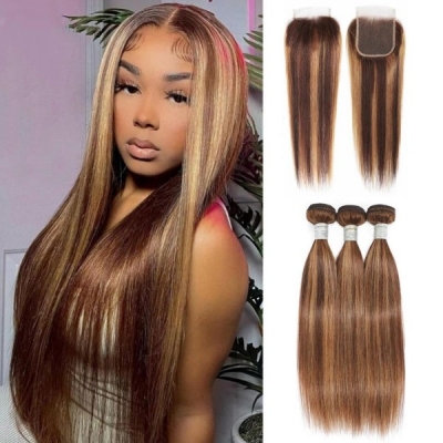 Highlight P4/27 Color Bundles With 4*4 Closure /13*4 Frontal Straight Hair Brazilian Peruvian Malaysian Indian European Cambodian Burmese Mongolian