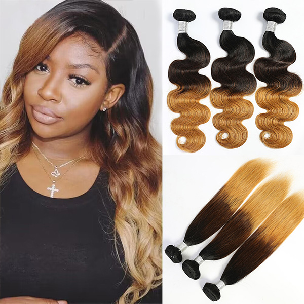 Three Tone 1B/4/27 Ombre Color 1 bundle Straight/Bodywave Hair Extensions Brazilian Peruvian Malaysian Indian European Cambodian Burmese Mongolian