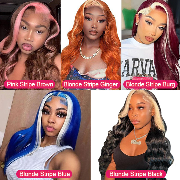 (All Texture Link)Strunk Stripe Highlight Color Wig Preplucked 180% Density Lace Front Wigs Human Wear Go Virgin Hair Wig