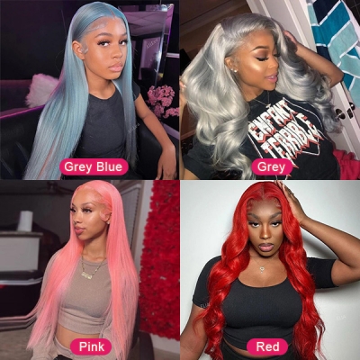 Red / Pink / Grey / Grey Blue Color Preplucked 150% Density 13*4 Lace Front Wigs Human Virgin Hair