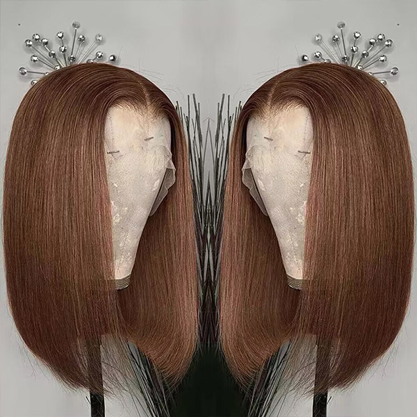 #4 Chocolate Brown Color Lace Frontal Bob Wig 150% Density Straight Hair Human Hair Wear Go