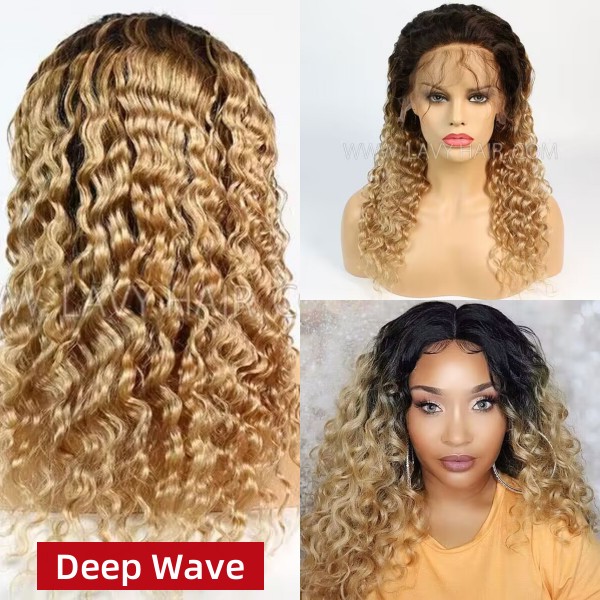 Color T4/27 Lace Frontal Wigs 130% Density Deep Curly Human Hair